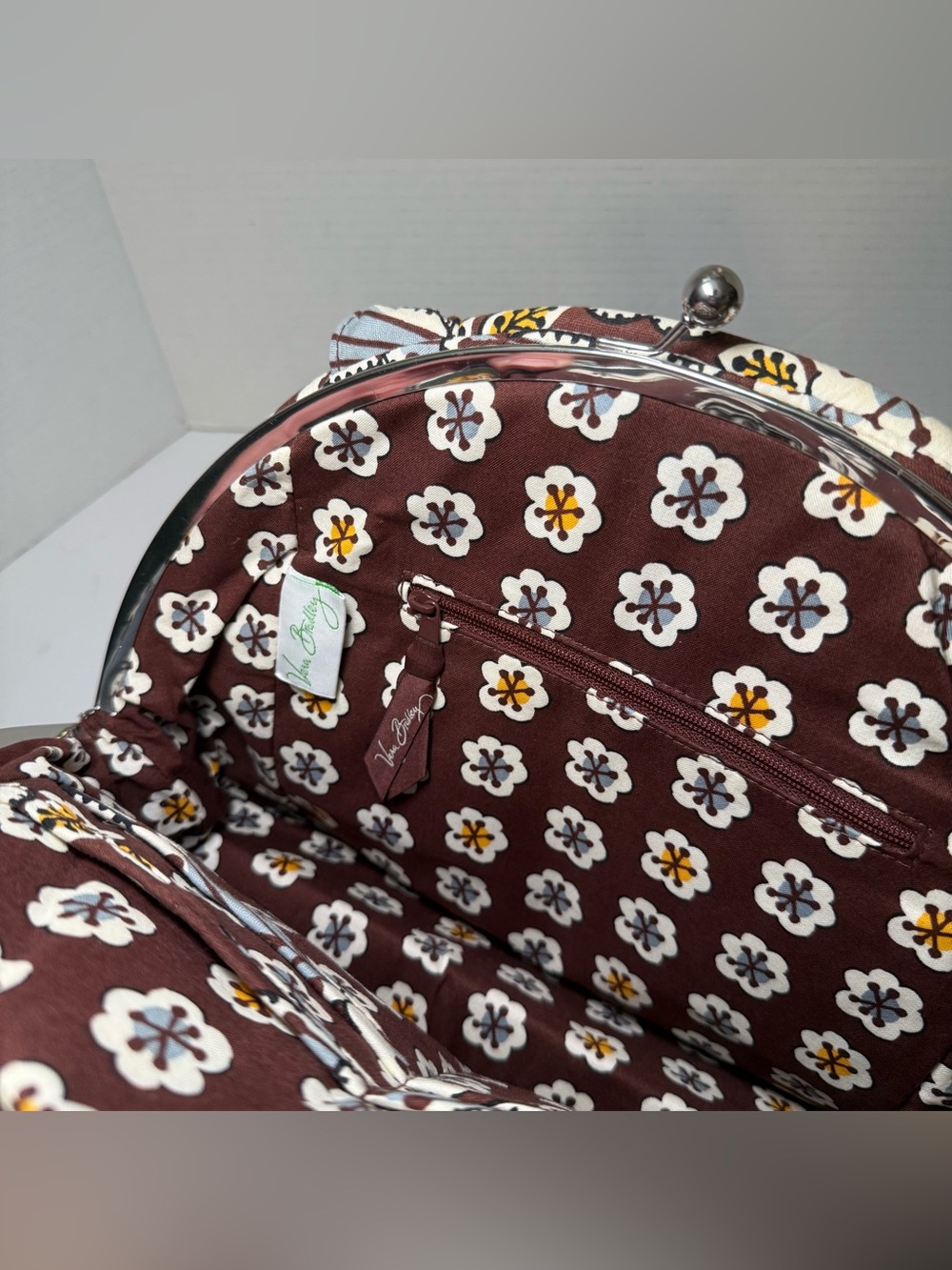 Vera Bradley Slate Blooms Handbag Retired Alice Kisslock Brown Blue Floral - Picture 4 of 10